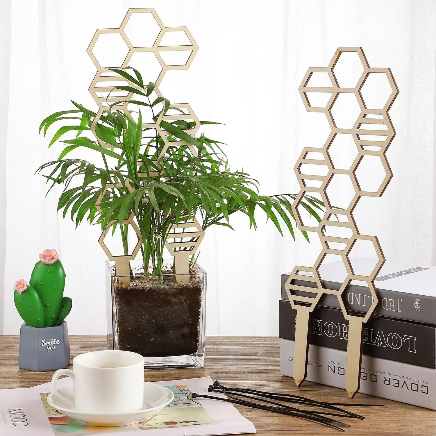 2 Pcs Indoor Plant Trellis for Climbing Plants, 16" Wooden Small Trellis Hexagon Potted Plant Trellis with 10 Pcs Black Cable Ties for Vine Flower Stem Support Accessories(Honeycomb)