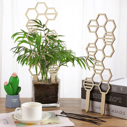 2 Pcs Indoor Plant Trellis for Climbing Plants, 16" Wooden Small Trellis Hexagon Potted Plant Trellis with 10 Pcs Black Cable Ties for Vine Flower Stem Support Accessories(Honeycomb)
