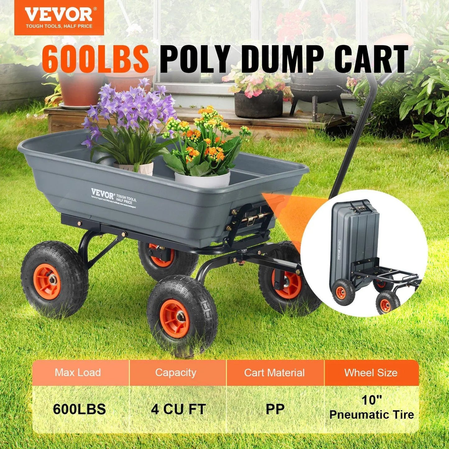 【Father'S Day】Vevor Poly Garden Dump Cart with Easy to Assemble Steel Frame, 2-In-1 Convertible Handle, 13 Inch Tires, Max Capacity 1500 Lbs, Utility Wheelbarrow Productivity Yard