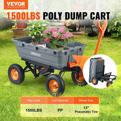 【Father'S Day】Vevor Poly Garden Dump Cart with Easy to Assemble Steel Frame, 2-In-1 Convertible Handle, 13 Inch Tires, Max Capacity 1500 Lbs, Utility Wheelbarrow Productivity Yard