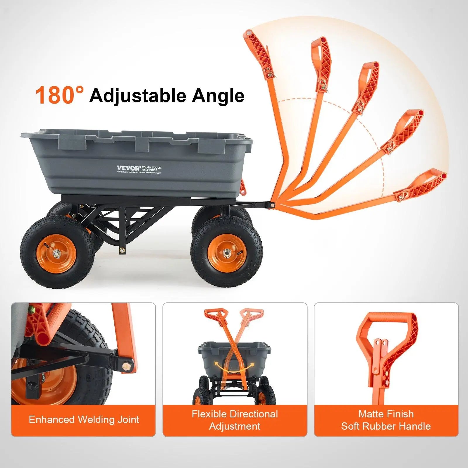 【Father'S Day】Vevor Poly Garden Dump Cart with Easy to Assemble Steel Frame, 2-In-1 Convertible Handle, 13 Inch Tires, Max Capacity 1500 Lbs, Utility Wheelbarrow Productivity Yard