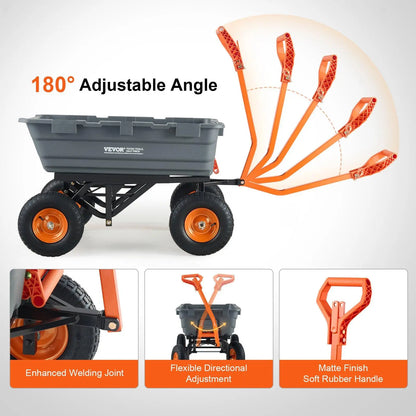 【Father'S Day】Vevor Poly Garden Dump Cart with Easy to Assemble Steel Frame, 2-In-1 Convertible Handle, 13 Inch Tires, Max Capacity 1500 Lbs, Utility Wheelbarrow Productivity Yard