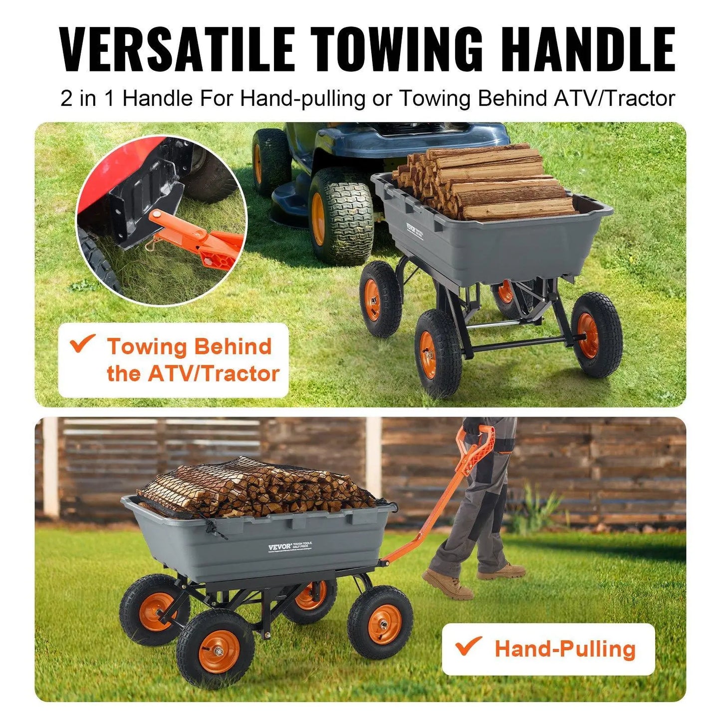 【Father'S Day】Vevor Poly Garden Dump Cart with Easy to Assemble Steel Frame, 2-In-1 Convertible Handle, 13 Inch Tires, Max Capacity 1500 Lbs, Utility Wheelbarrow Productivity Yard