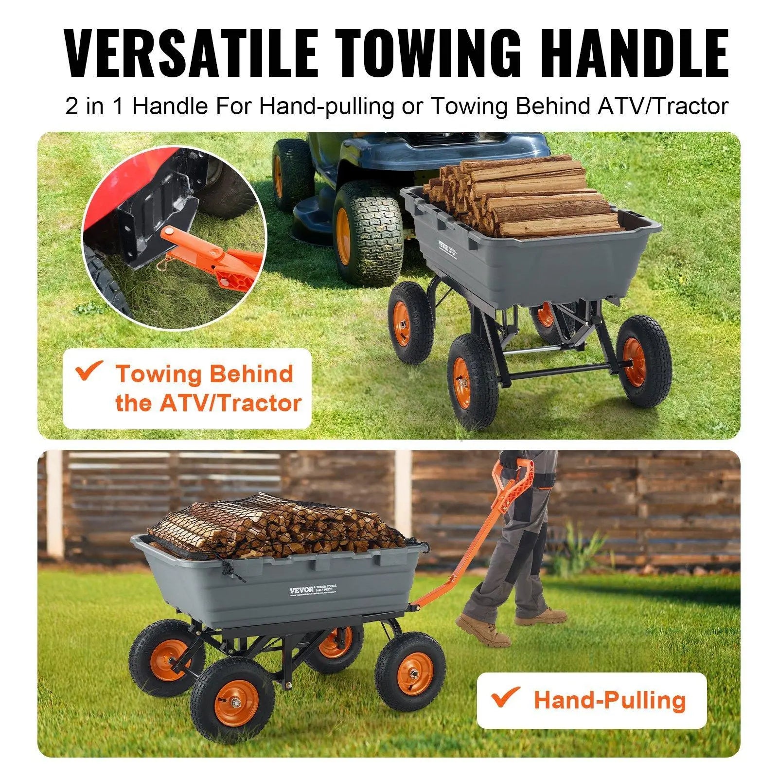 【Father'S Day】Vevor Poly Garden Dump Cart with Easy to Assemble Steel Frame, 2-In-1 Convertible Handle, 13 Inch Tires, Max Capacity 1500 Lbs, Utility Wheelbarrow Productivity Yard