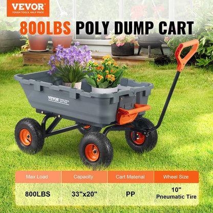 【Father'S Day】Vevor Poly Garden Dump Cart with Easy to Assemble Steel Frame, 2-In-1 Convertible Handle, 13 Inch Tires, Max Capacity 1500 Lbs, Utility Wheelbarrow Productivity Yard