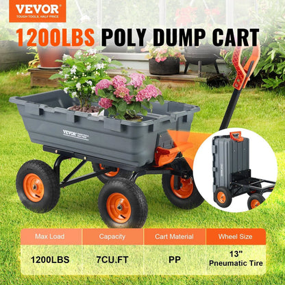 【Father'S Day】Vevor Poly Garden Dump Cart with Easy to Assemble Steel Frame, 2-In-1 Convertible Handle, 13 Inch Tires, Max Capacity 1500 Lbs, Utility Wheelbarrow Productivity Yard