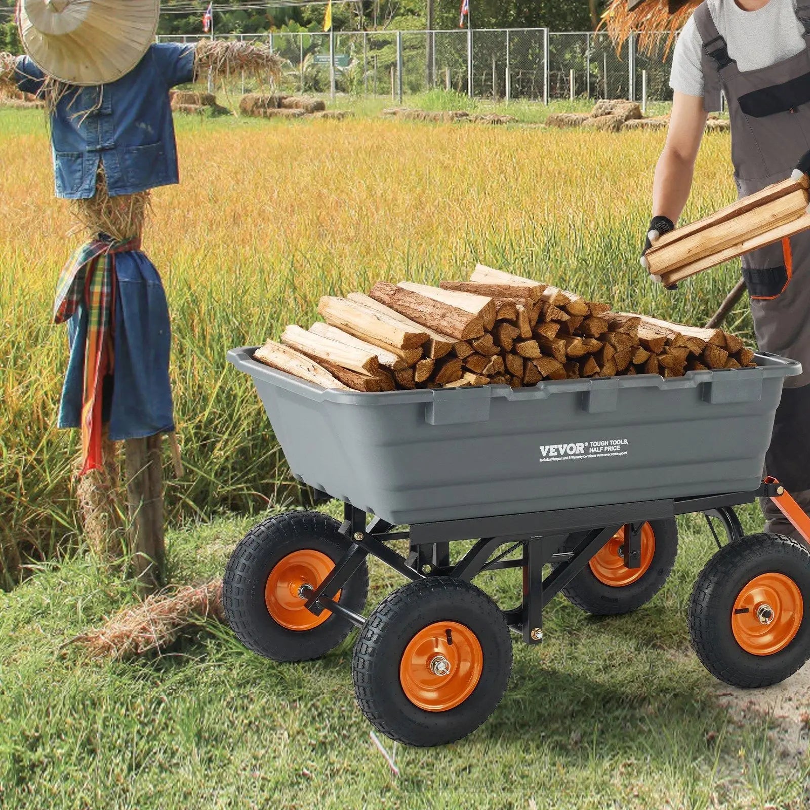 【Father'S Day】Vevor Poly Garden Dump Cart with Easy to Assemble Steel Frame, 2-In-1 Convertible Handle, 13 Inch Tires, Max Capacity 1500 Lbs, Utility Wheelbarrow Productivity Yard