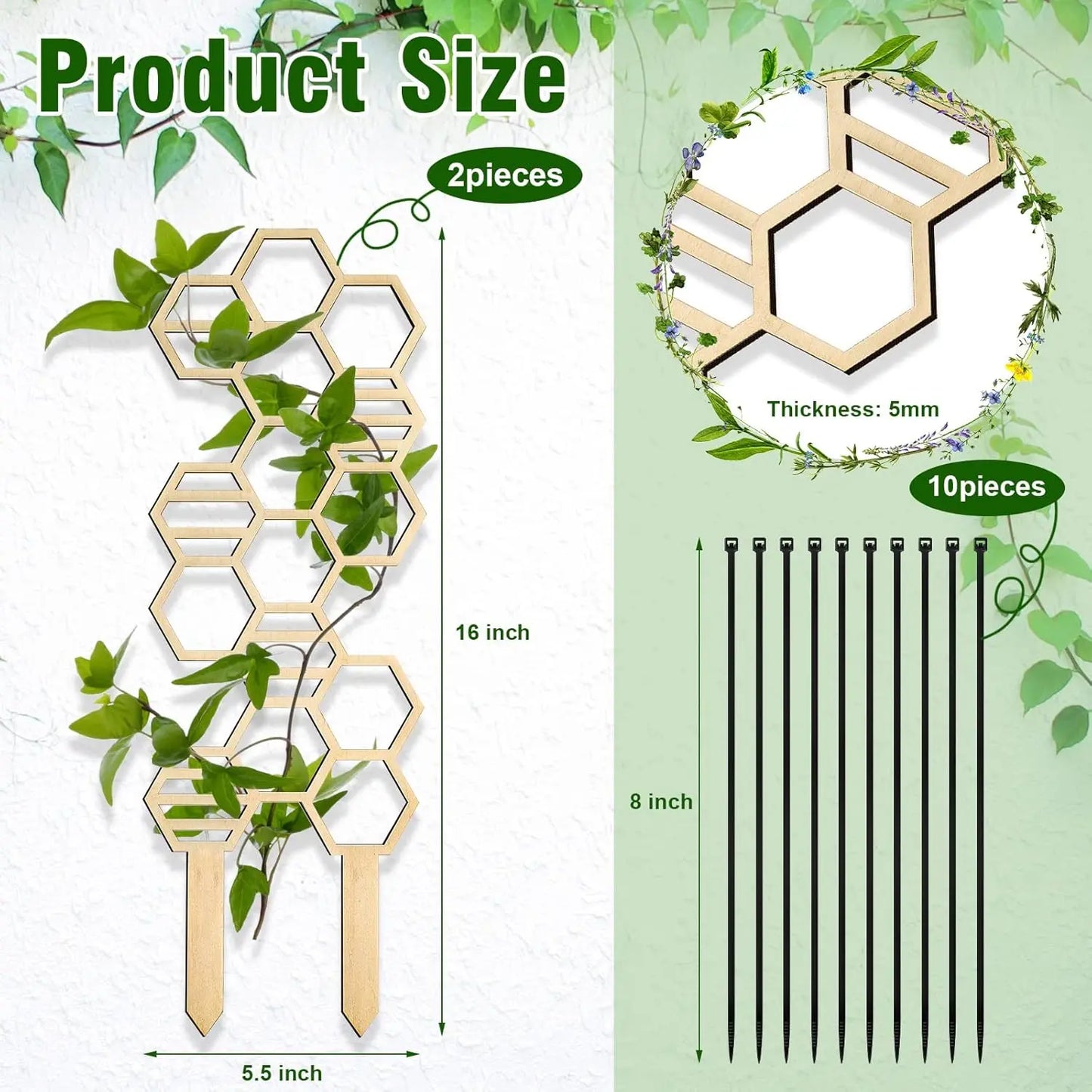 2 Pcs Indoor Plant Trellis for Climbing Plants, 16" Wooden Small Trellis Hexagon Potted Plant Trellis with 10 Pcs Black Cable Ties for Vine Flower Stem Support Accessories(Honeycomb)