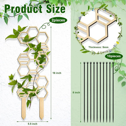 2 Pcs Indoor Plant Trellis for Climbing Plants, 16" Wooden Small Trellis Hexagon Potted Plant Trellis with 10 Pcs Black Cable Ties for Vine Flower Stem Support Accessories(Honeycomb)